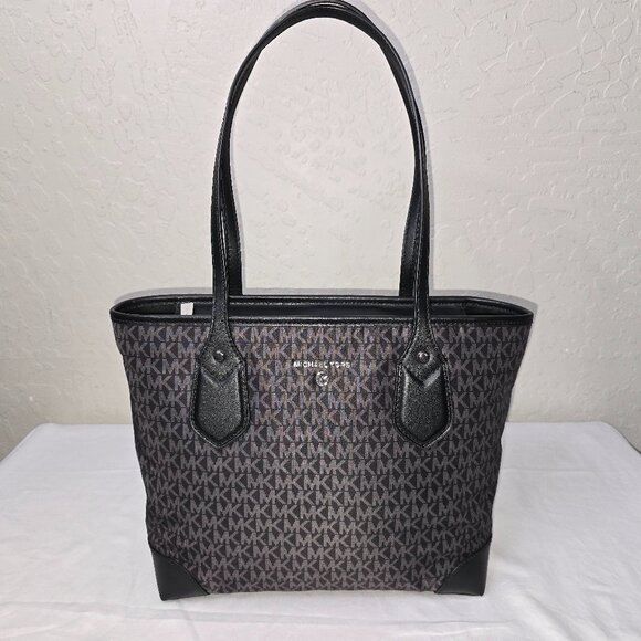 Michael Kors Eva Black / Gray Signature Logo Zip Top Shoulder Tote Bag - Picture 11 of 11